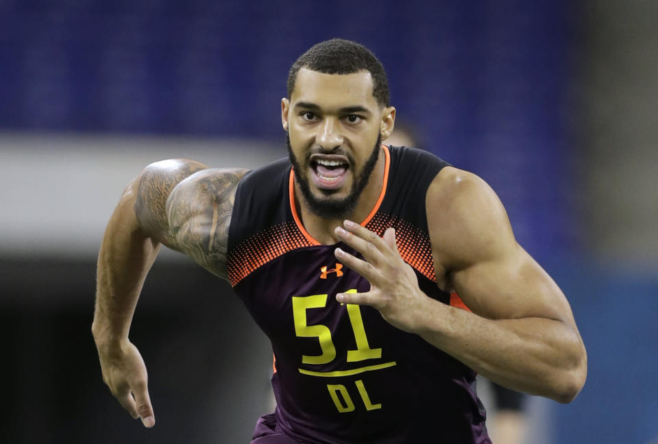 Mississippi State defensive lineman Montez Sweat runs during the combine. (AP)