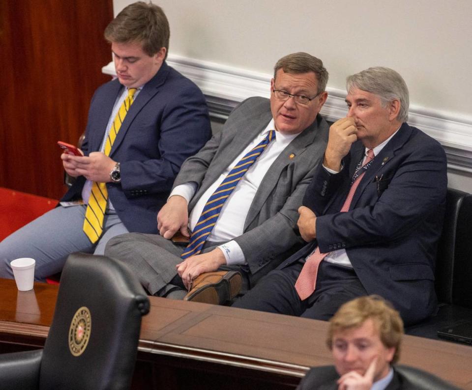 House Speaker Tim Moore, center, sits in the N.C. Senate chamber, listening to the debate on Senate Bill 20, which could restrict abortion in North Carolina, on Thursday, May 4, 2023 at the North Carolina General Assembly in Raleigh, N.C.