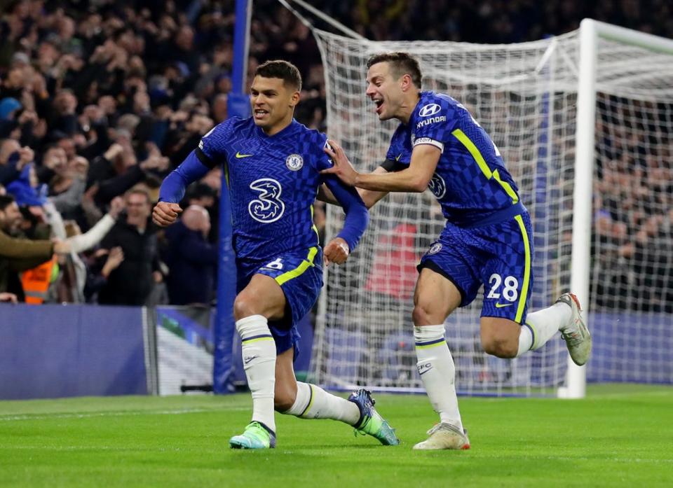 Chelsea’s Thiago Silva celebrates scoring with Cesar Azpilicueta (REUTERS)