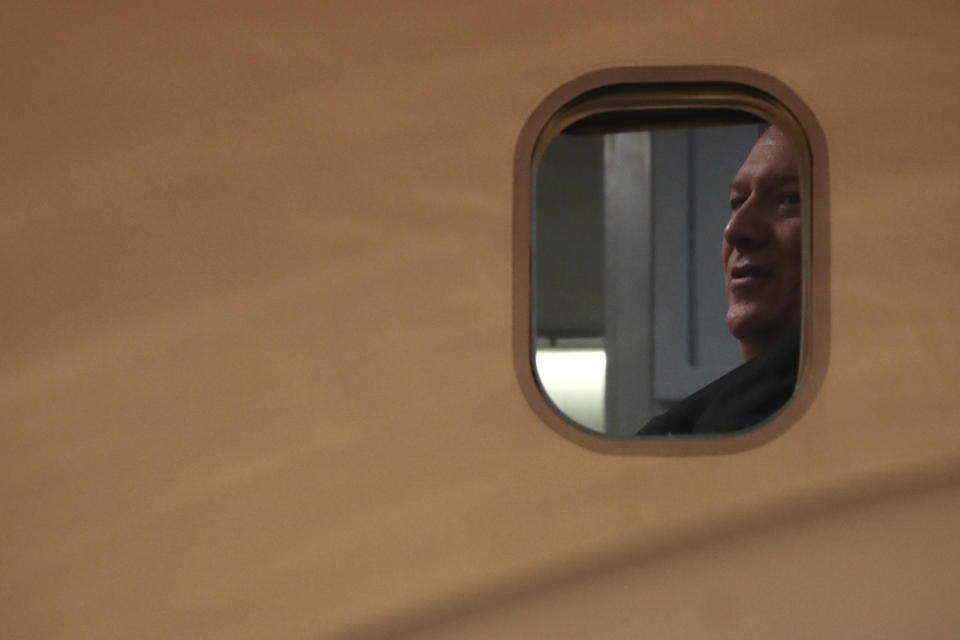 U.S. Secretary of State Mike Pompeo waits to exit his plane upon landing at Sydney Airport in Sydney Saturday, Aug. 3, 2019. (Jonathan Ernst/Pool Photo via AP)