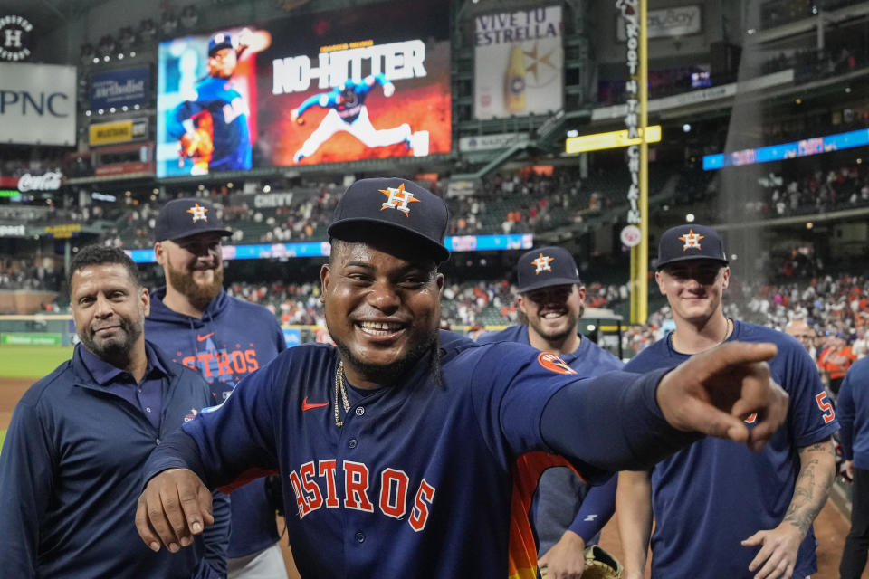 Houston Astros starting pitcher Framber Valdez celebrates after pitching a no-hitter against the Cleveland Guardians in a baseball game, Tuesday, Aug. 1, 2023, in Houston. (Brett Coomer/Houston Chronicle via AP)