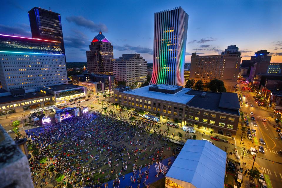 A beautiful night for the start of the CGI Rochester International Jazz Festival as seen from The Penthouse Roc on the top floor of One East Ave. in 2022. The view overlooks the Parcel 5 stage.