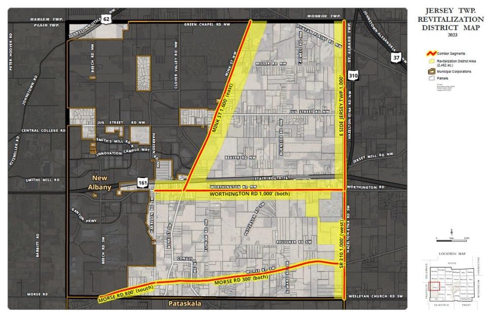 The areas in yellow show the revitalization district approved by the Jersey Township Trustees on Dec. 4. Revitalization districts area a way to remove barriers for businesses that want liquor licenses.