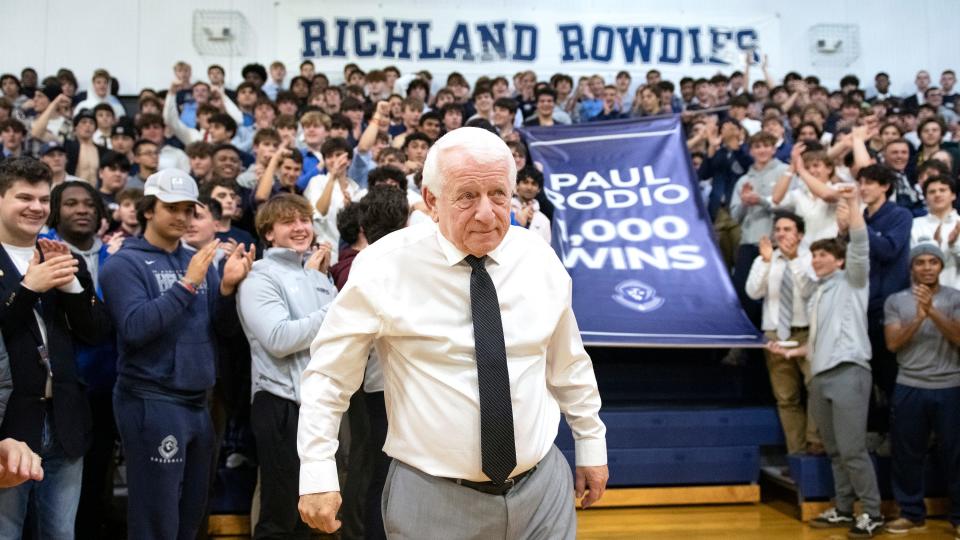 St. Augustine's head boys basketball coach Paul Rodio is honored on his 1,000th career win after St. Augustine defeated Ocean City at St. Augustine Preparatory School in Richland on Wednesday, January 11, 2023.  