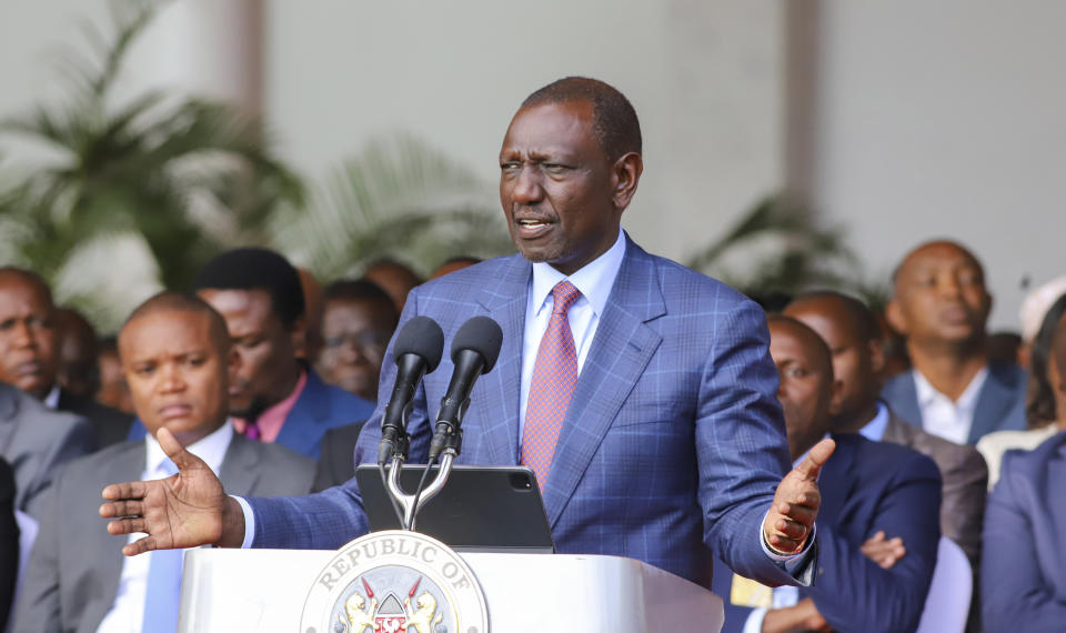 Kenyan President William Ruto gives an address at the State House in Nairobi, Kenya Wednesday, June 26, 2024. Kenyan President William Ruto said he won't sign into law a finance bill proposing new taxes a day after protesters stormed parliament and several people were shot dead. (AP Photo/Patrick Ngugi)