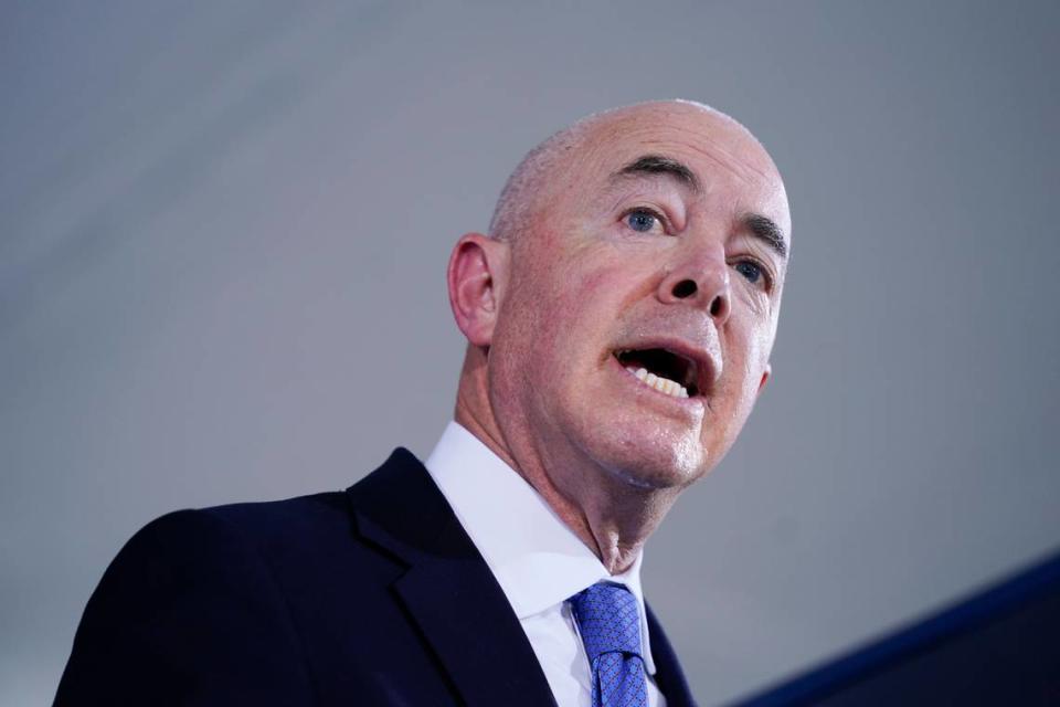 Homeland Security Secretary Alejandro Mayorkas speaks during a change of command ceremony at U.S. Coast Guard headquarters, June 1, 2022, in Washington.