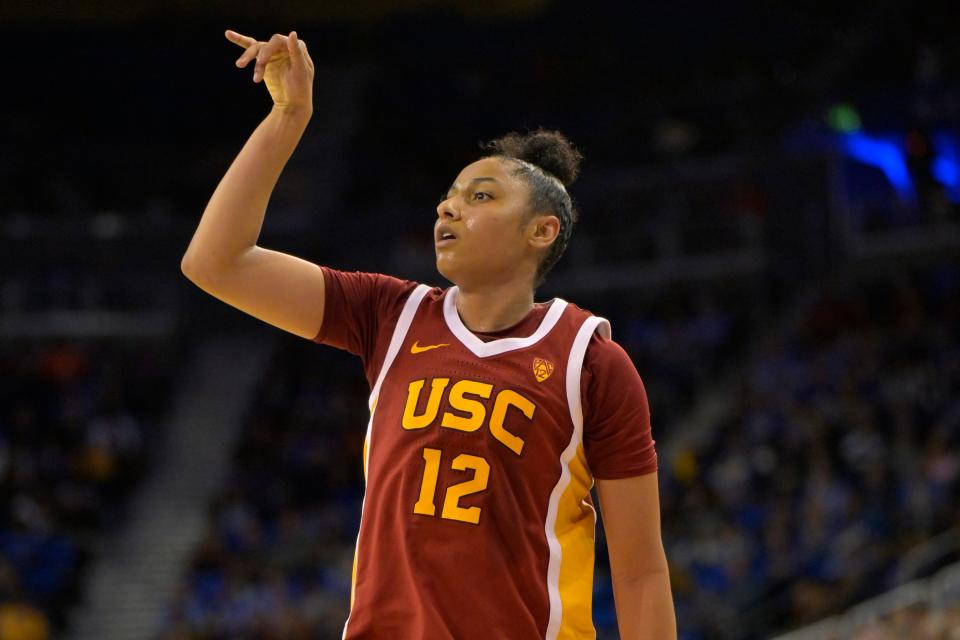 Trojans guard JuJu Watkins watches a shot in the second half against the Bruins at Pauley Pavilion.