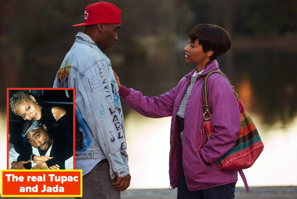 Kat Graham as Jada Pinkett puts her hand on Demetrius Shipp Jr. as Tupac Shakur in "All Eyez on Me"