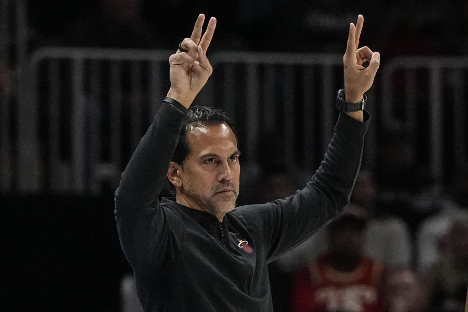 Miami Heat head coach Erik Spoelstra calls a play during the first half of an NBA basketball game against the Atlanta Hawks, Saturday, Nov. 11, 2023, in Atlanta. (AP Photo/Mike Stewart)