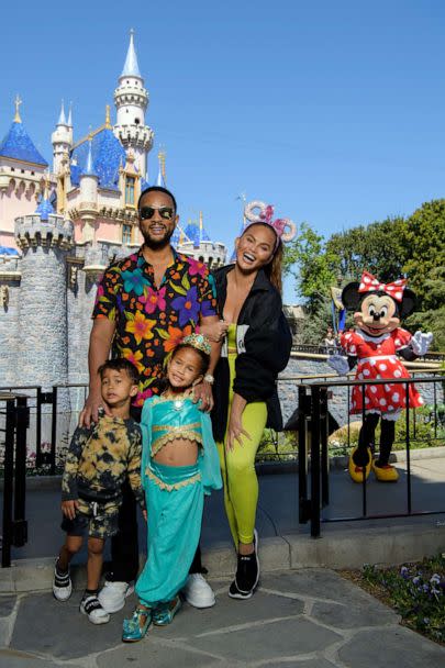 PHOTO: In this handout photo provided by Disneyland Resort, John Legend, Chrissy Teigen and their children, Miles and Luna pose with Minnie Mouse while celebrating Luna's birthday at Disneyland on April 14, 2022, in Anaheim, Calif. (Disneyland Resort via Getty Images, FILE)