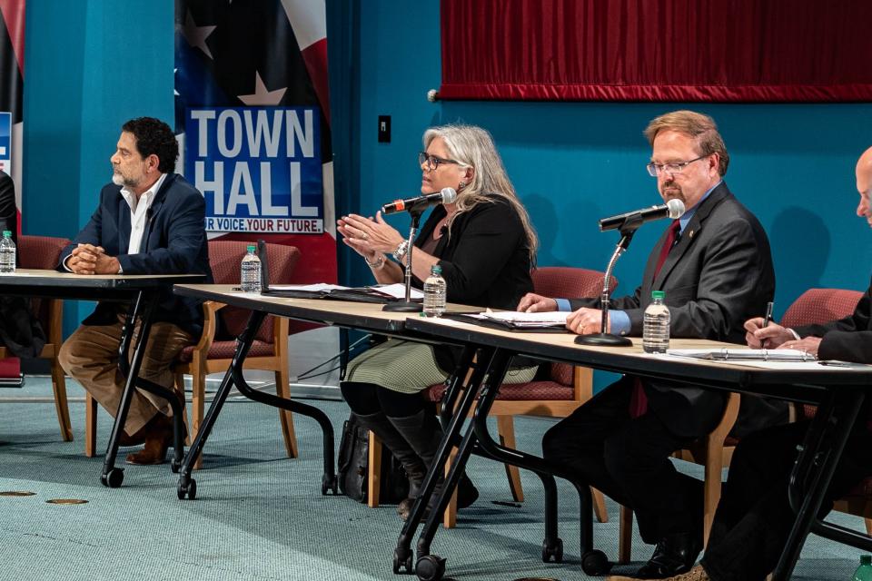 Republican congressional candidate Kristie Sluder speaks at a debate on A-B Tech's campus in Asheville on April 20, 2022.