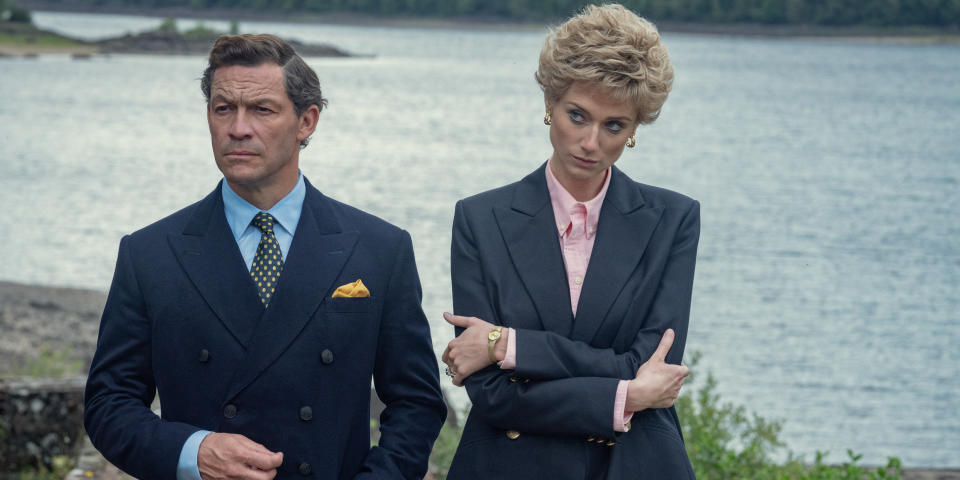 Dominic West and Elizabeth Debicki in The Crown season 5, which is when critics began souring on the series. (Netflix)