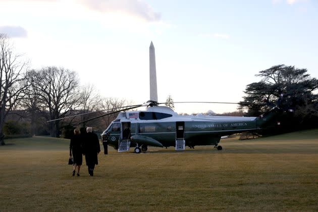 Donald Trump and first lady Melania Trump depart the White House to board Marine One ahead of the inauguration of president-elect Joe Biden, in Washington