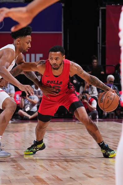 Carlik Jones #26 of the Chicago Bulls dribbles the ball during the game against the Toronto Raptors during the 2022 Las Vegas Summer League on July 12, 2022 at the Thomas & Mack Center in Las Vegas, Nevada.