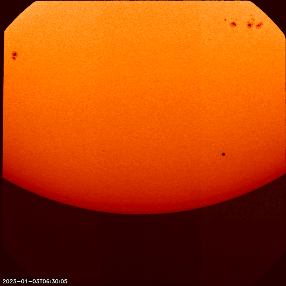 These images, taken by the ESA/NASA Solar Orbiter’s Polarimetric and Helioseismic Imager (PHI) instrument cover thirty minutes of the transit of Mercury’s silhouette across the Sun’s disc.