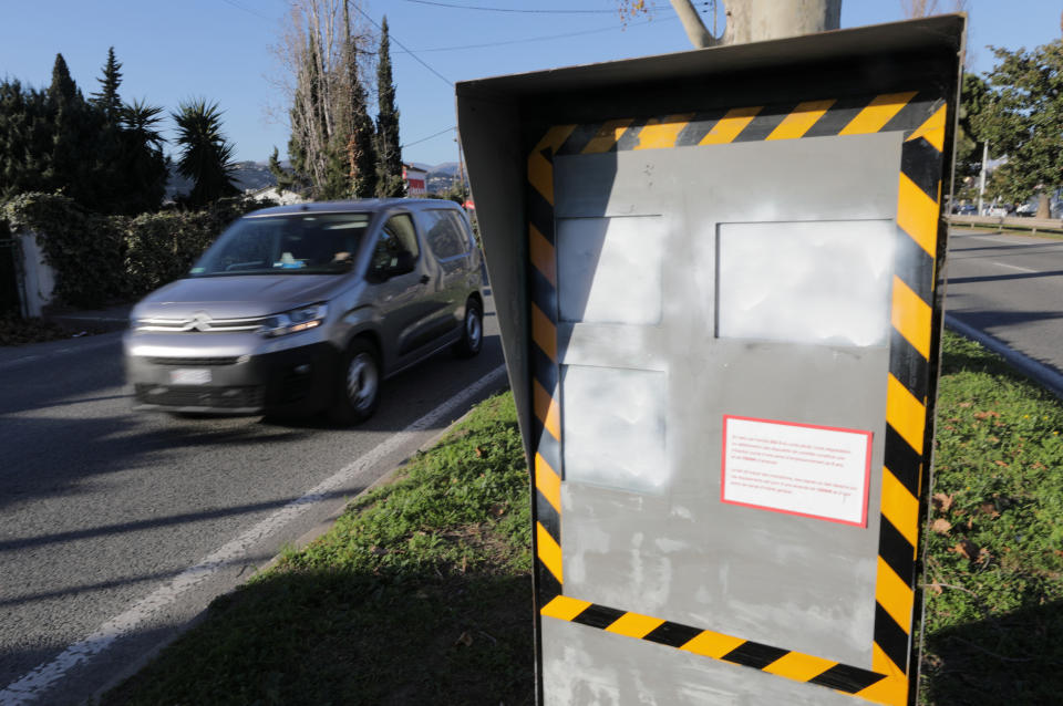 A traffic speed camera is covered with white painting to block its operation in Nice, France, January 11, 2019.   REUTERS/Eric Gaillard