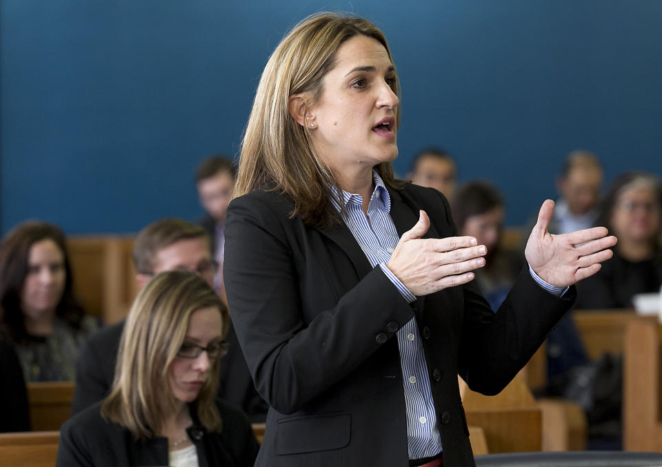 State District Attorney Shelley Dahlberg addresses the court during opening statements in the Texas school finance trial, Tuesday, Jan. 21, 2014, in Austin, Texas. The trial re-opened after a year hiatus so that the judge could collect evidence in light of last year's legislative changes. Opening statements from the school district plaintiff groups and the state kicked off proceedings that could last three to four weeks in Judge John K. Dietz' courtroom. (AP Photo/Austin American-Statesman, Ralph Barrera) AUSTIN CHRONICLE OUT, COMMUNITY IMPACT OUT, MAGS OUT; NO SALES; INTERNET AND TV MUST CREDIT PHOTOGRAPHER AND STATESMAN.COM .