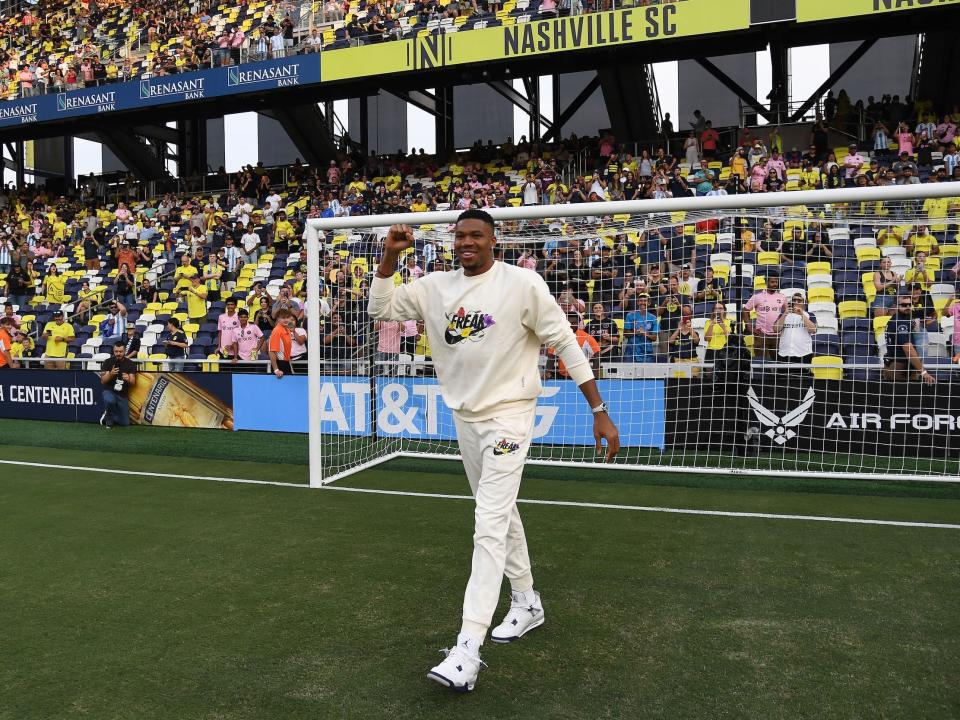 Giannis Antetokounmpo attends a Nashville SC game as a co-owner of the MLS franchise.