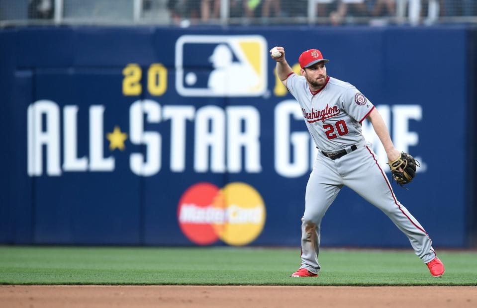 National League infielder Daniel Murphy (20) of the Washington Nationals throws to first base in the sixth inning in the 2016 MLB All Star Game at Petco Park.