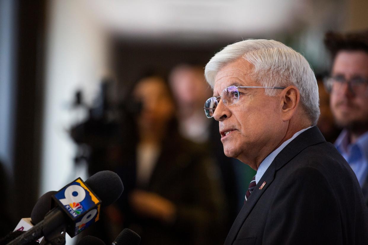 Chancellor Dan Arvizu answers questions about the hazing allegations against the university’s basketball team during a news conference on Wednesday, Feb. 15, 2023, at the Stand Fulton Center.