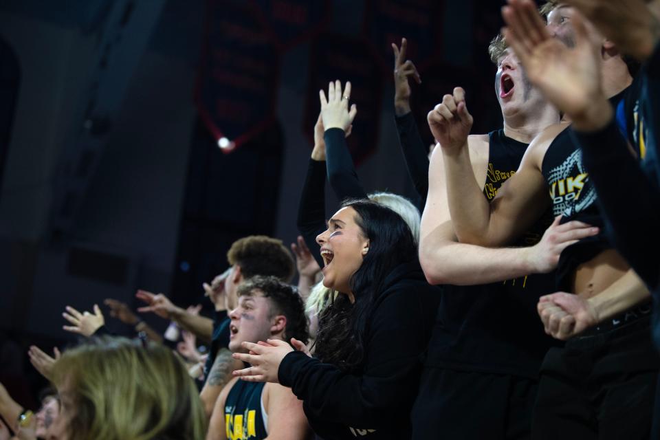 Archbishop Wood students cheer in support of their basketball team during the PCL girls basketball final game at the Palestra in Philadelphia on Monday, Feb. 27, 2023.