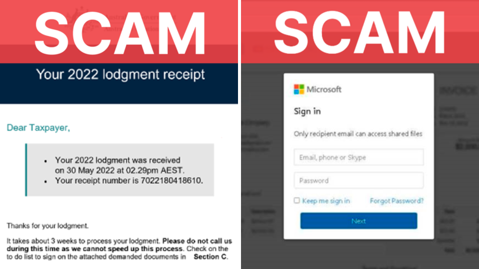 A composite image of two ATO tax lodgement scams.