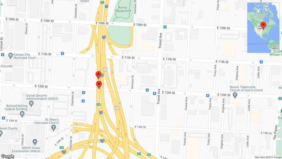 A detailed map that shows the affected road due to 'Warning in Kansas City: Crash reported on eastbound I-70' on October 16th at 4:44 p.m.