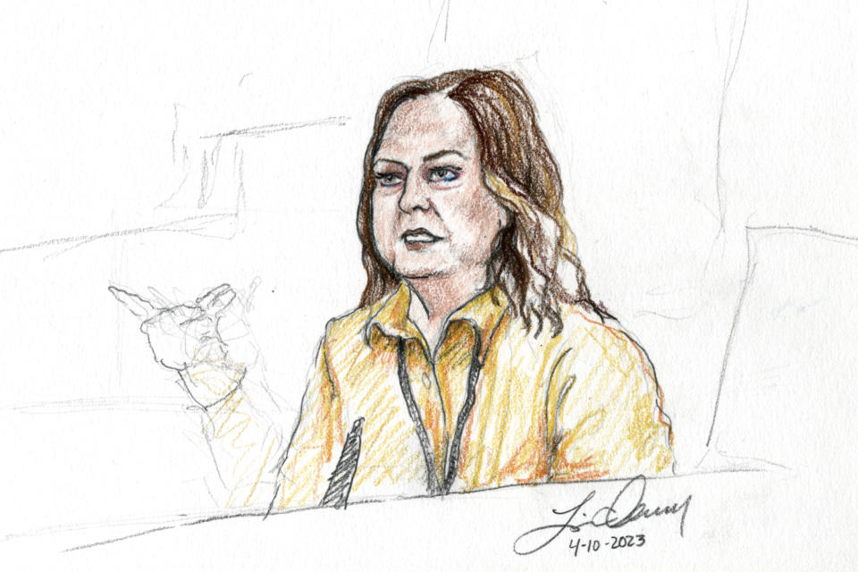 This courtroom sketch depicts Kay Woodcock, the grandmother of Joshua "JJ" Vallow, the first witness to take the stand during the murder trial of Lori Vallow Daybell in Boise, Idaho, Monday, April 10, 2023. Prosecutors have charged Lori Vallow Daybell and her husband, Chad Daybell, with multiple counts of conspiracy, murder and grand theft in connection with the deaths of Vallow Daybell's two children: Joshua "JJ" Vallow and Tylee Ryan. Both are also charged in connection with the death of Chad Daybell's previous wife, Tammy Daybell. (Lisa C. Cheney via AP)