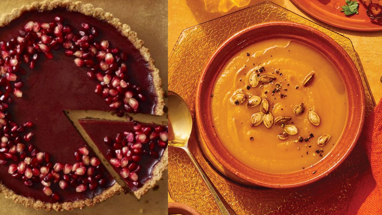 vegan thanksgiving recipes, left chocolate tart, right pumpkin soup