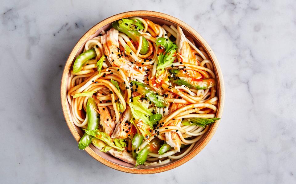 Udon with Chicken and Garlicky Peanut Dressing