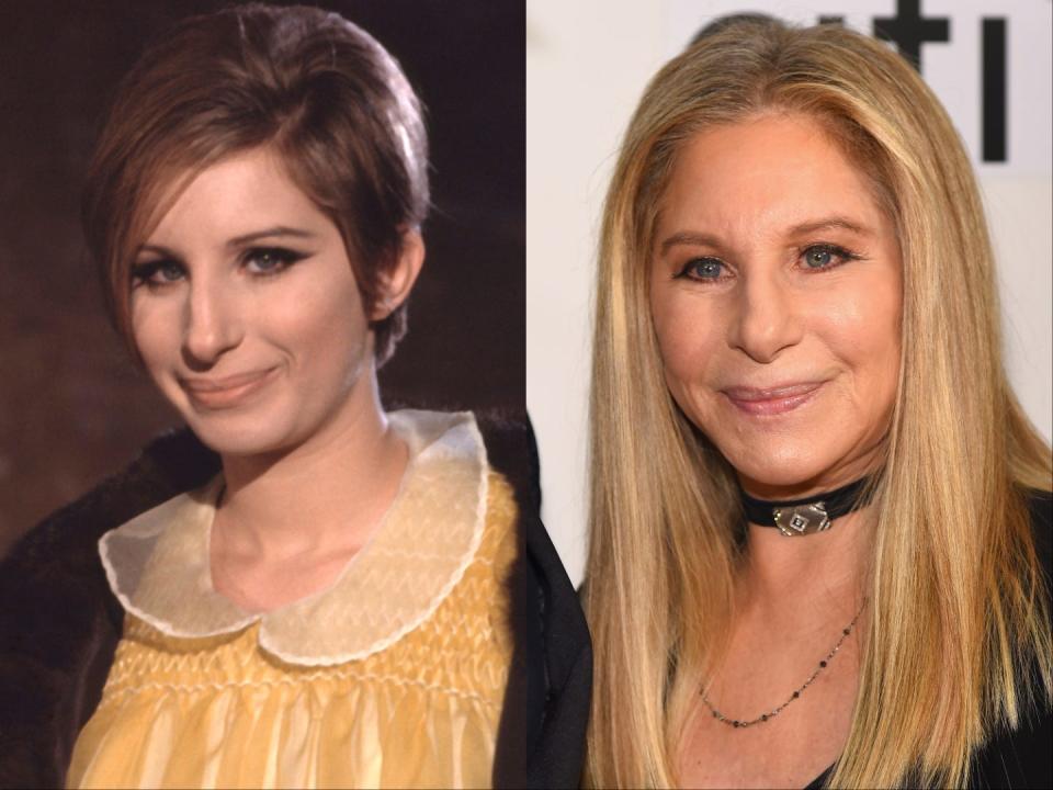 On the left, Barbra Streisand as Fanny Brice in "Funny Girl" in 1968. On the right, Streisand in 2017.
