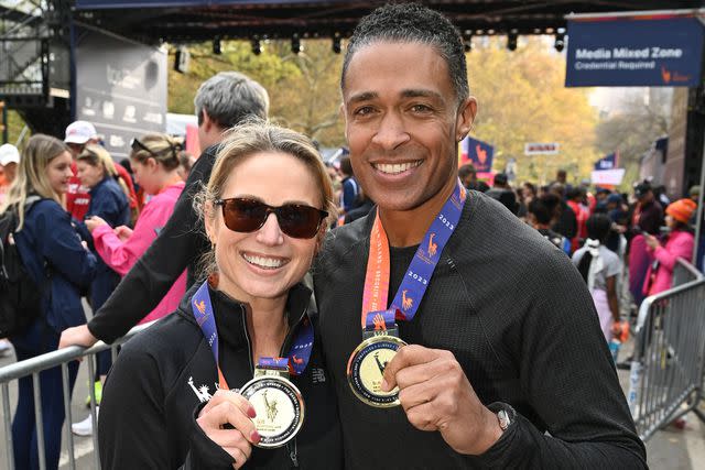 <p>Bryan Bedder/Getty</p> Amy Robach and PJ Holmes participate in the 2023 TCS New York City Marathon on November 5, 2023