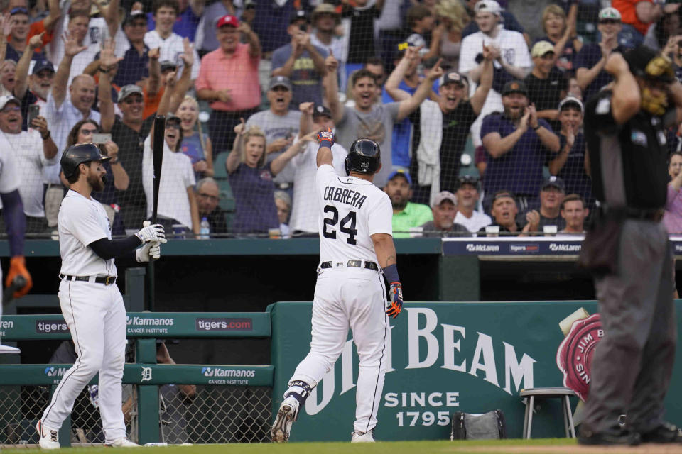 Detroit Tigers' Miguel Cabrera points to fans after hitting a solo home run against the Boston Red Sox in the second inning of a baseball game in Detroit, Tuesday, Aug. 3, 2021. (AP Photo/Paul Sancya)