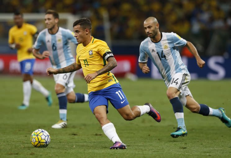 Coutinho con Brasil frente a la Argentina. GETTY IMAGES