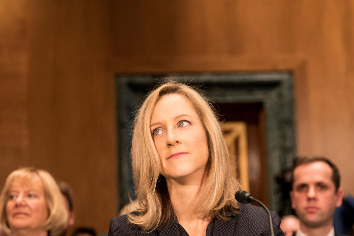 Kathleen Laura Kraninger testifies before a Senate Banking Committee hearing on her nomination to be director of the Consumer Financial Protection Bureau on Capitol Hill in Washington, U.S., July 19, 2018. REUTERS/Alex Wroblewski