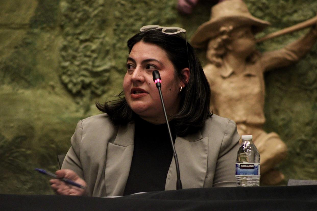 Former city Rep. Alexsandra Annello speaks during a forum for candidates in the Texas House District 77 race on Thursday, Feb. 15, 2023. The event was hosted by the El Paso Chamber and Raise Your Hand Texas, an Austin-based education advocacy group.