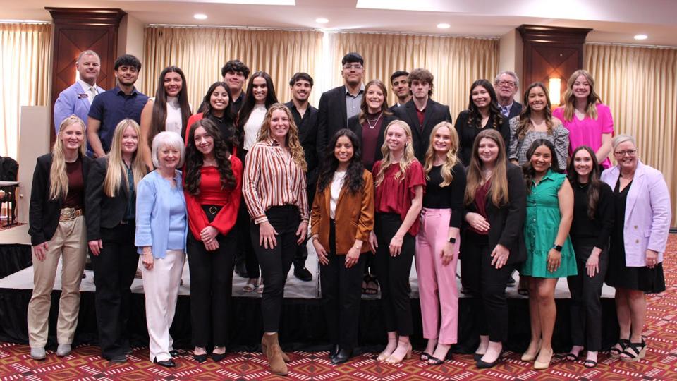 The 2024-2025 Rogers LEAD WT cohort includes, front from left, Madison Osborn, Caoimhe Benn-Rothstein, donor Terry B. Rogers, Katelyn Lechwar, Alaina Scher, Romie Rubio, Kami Drinnon, Charlie Pointer, Madison Mollenhour, Janet Banuelos, Kate Fortner and director Kimberly Cornelsen; and, back from left, assistant director Rick Haasl, Oscar Navarro, Lauren Stokes, Thalia Avalos, Dominic Narvaez, Kiki Khan, Jared Rosales, Omar Reynoso, Emily Garner, Rhythm Ghimire, Ethan Archambault, Leah Aviles, donor Dyke Rogers, Kelly Velazquez and Bentley Wesbrooks.