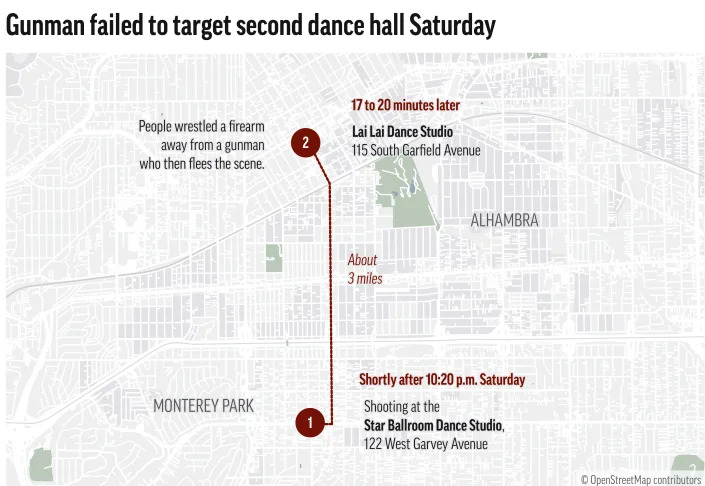 A map shows the locations of the two ballroom dance studios that the gunman went to Saturday night.