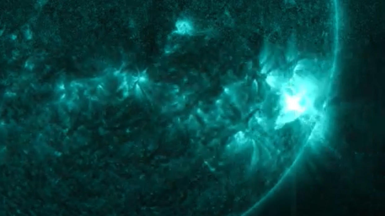  An X-flare seen flashing on the sun by  NASA's Solar Dynamics Observatory. 