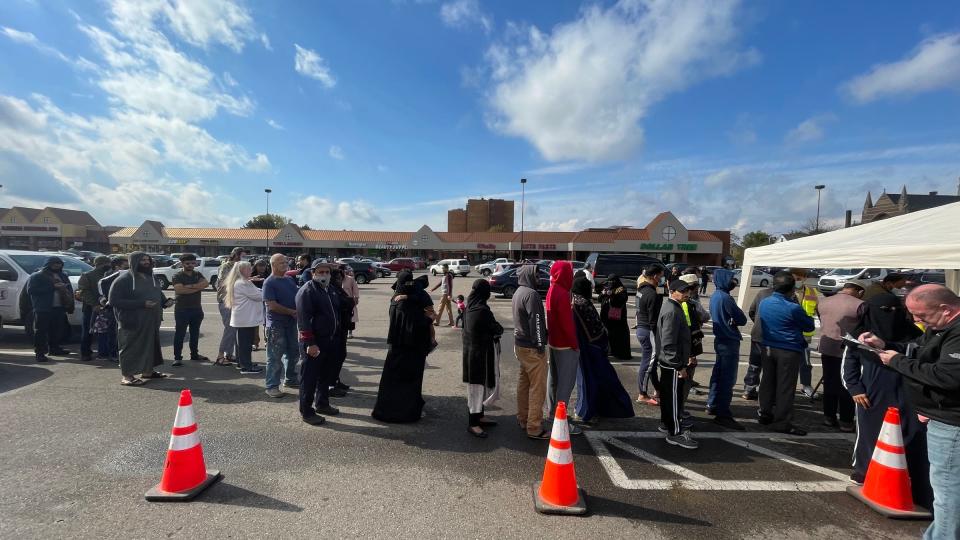 Free water filters are handed out to residents of Hamtramck in the Town Center on Oct. 21, 2021, after high levels of lead were found in 6 of the 42 samples of tap water from Hamtramck residencies.