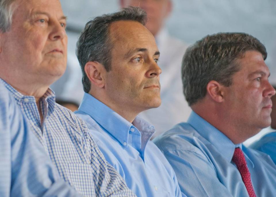 GOP candidate for U.S. Senate Matt Bevin sits between U.S. Rep. Ed Whitfield, left, and state Sen. Stan Humphries Saturday during the Fancy Farm picnic in Fancy Farm, Ky. Photo by John Flavell