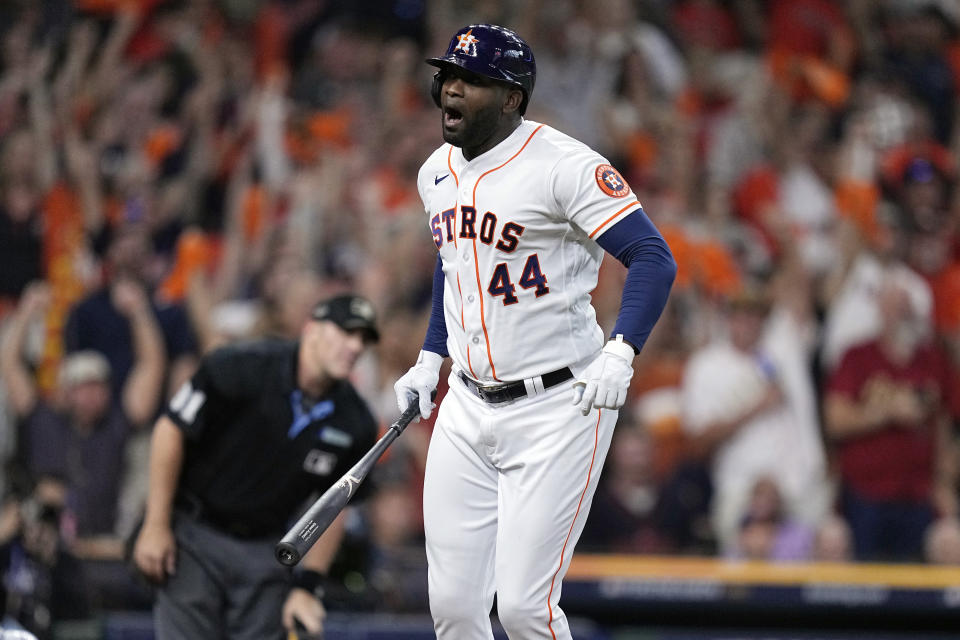 Astros slugger Yordan Alvarez reacts after his solo homer during the seventh inning of Game 1 of the ALDS on Saturday in Houston. (AP Photo/Kevin M. Cox)