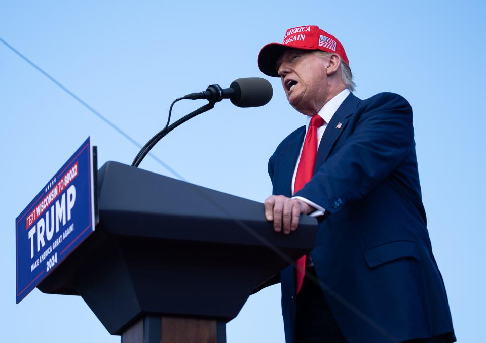 Former President Donald Trump speaks at a rally on Tuesday June 18, 2024 at Racine Festival Park in Racine, Wis.