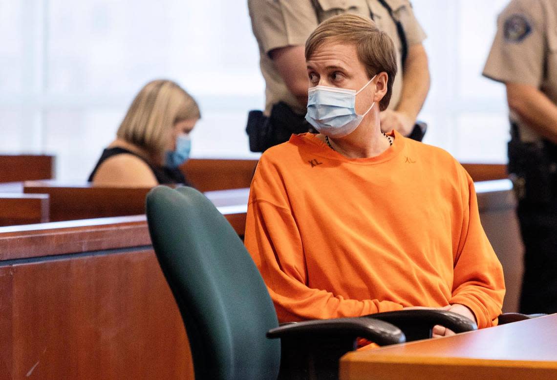 Former Idaho state Rep. Aaron von Ehlinger looks around the room before the start of his sentencing at the Ada County Courthouse in Boise on Wednesday.