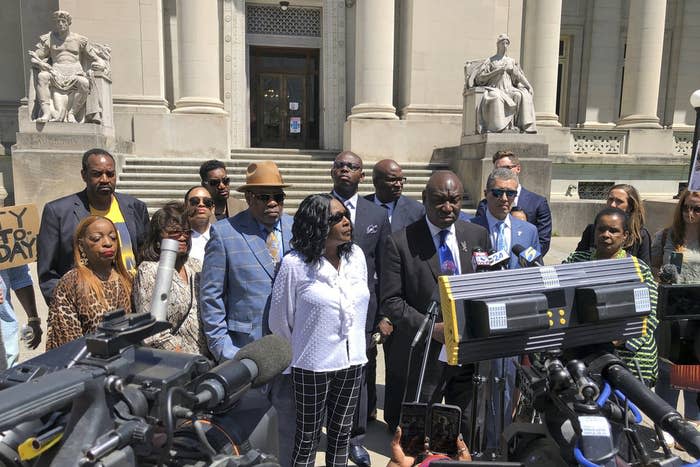 Attorneys Antonio Romanucci and Ben Crump, with Tyre Nichols's relatives, discuss a lawsuit filed against the city of Memphis and police officers on April 19.