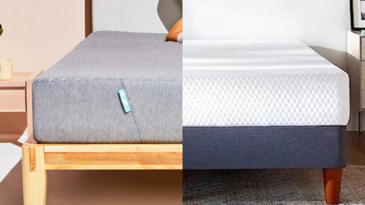  A split screen of the Siena Memory Foam vs the Layla Essential Mattress. 