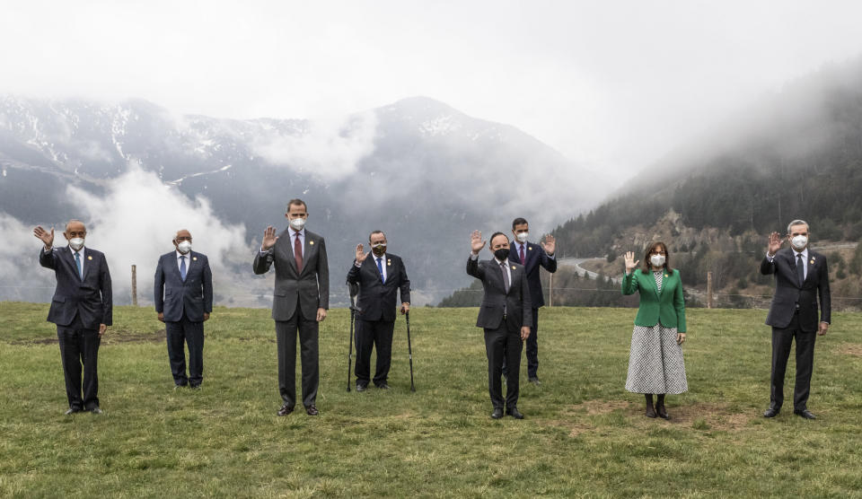 Participants of the Latin American leaders summit pose in Canillo, Andorra. Leaders of Latin American countries, Spain, Portugal and Andorra meet in Ibero-American Summit for the first time since the start of the pandemic to discuss vaccination efforts in their countries. Pictured from left to right; Portugal's President Marcelo Rebelo de Sousa, Portugal's Prime Minister Antonio Costa, Spain's King Felipe VI, the President of Guatemala, Alejandro Gianmattei, Andorra's head of government Xavier Espot, Spain's Prime Minister Pedro Sanchez, the Iberoamericana Secretary General Rebeca Grynspan and the President of the Dominican Republic Luis Abinader (Javier Borrego/Europa Press via AP)