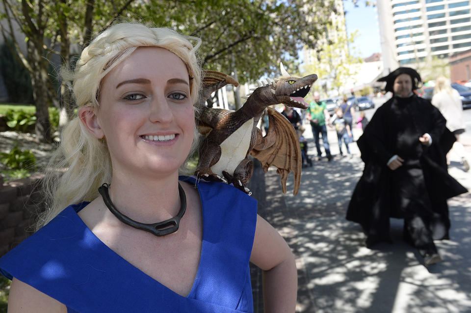 Rachele Johnson as "Daenereys" at the opening day of Salt Lake Comic Con, Thursday, April 17, 2014, in Salt Lake City, Utah. (AP Photo/The Salt Lake Tribune, Scott Sommerdorf)