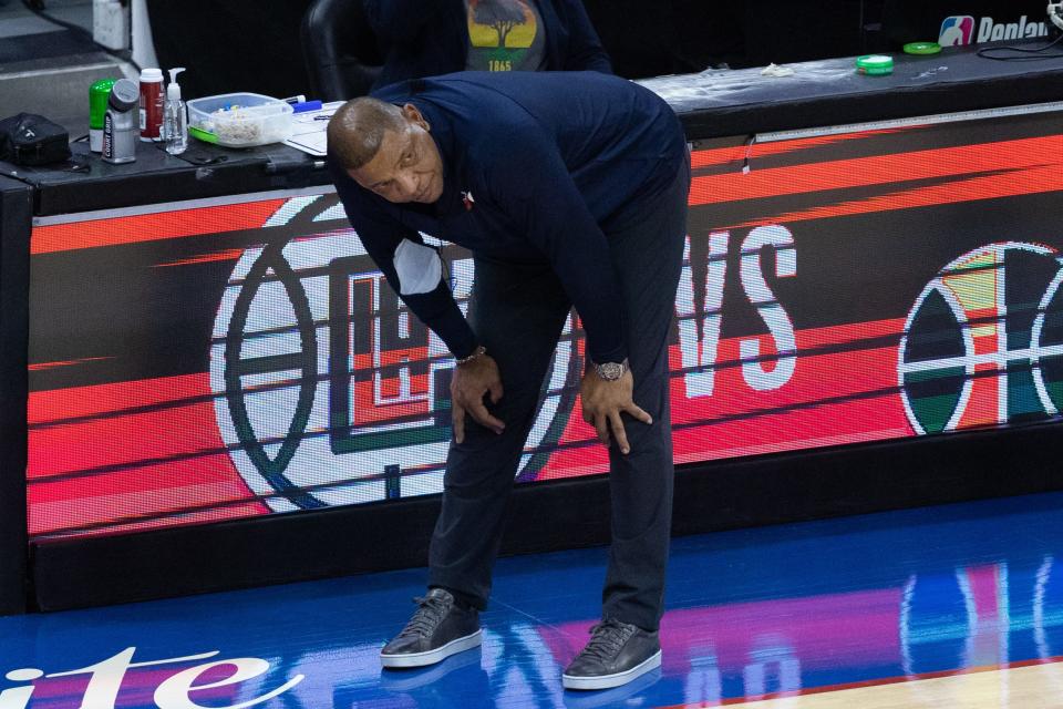 Philadelphia 76ers head coach Doc Rivers reacts during the fourth quarter of Game 5 against the Atlanta Hawks.