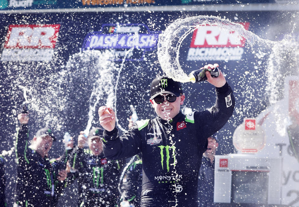 Ty Gibbs celebrates in Victory Lane after winning a NASCAR Xfinity Series auto race at Richmond Raceway, Saturday, April 2, 2022, in Richmond, Va. (James H. Wallace/Richmond Times-Dispatch via AP)